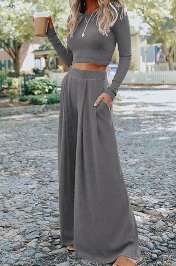 Bailee Solid Color Ribbed Crop Top Long Pants Set - Rebel Nomad