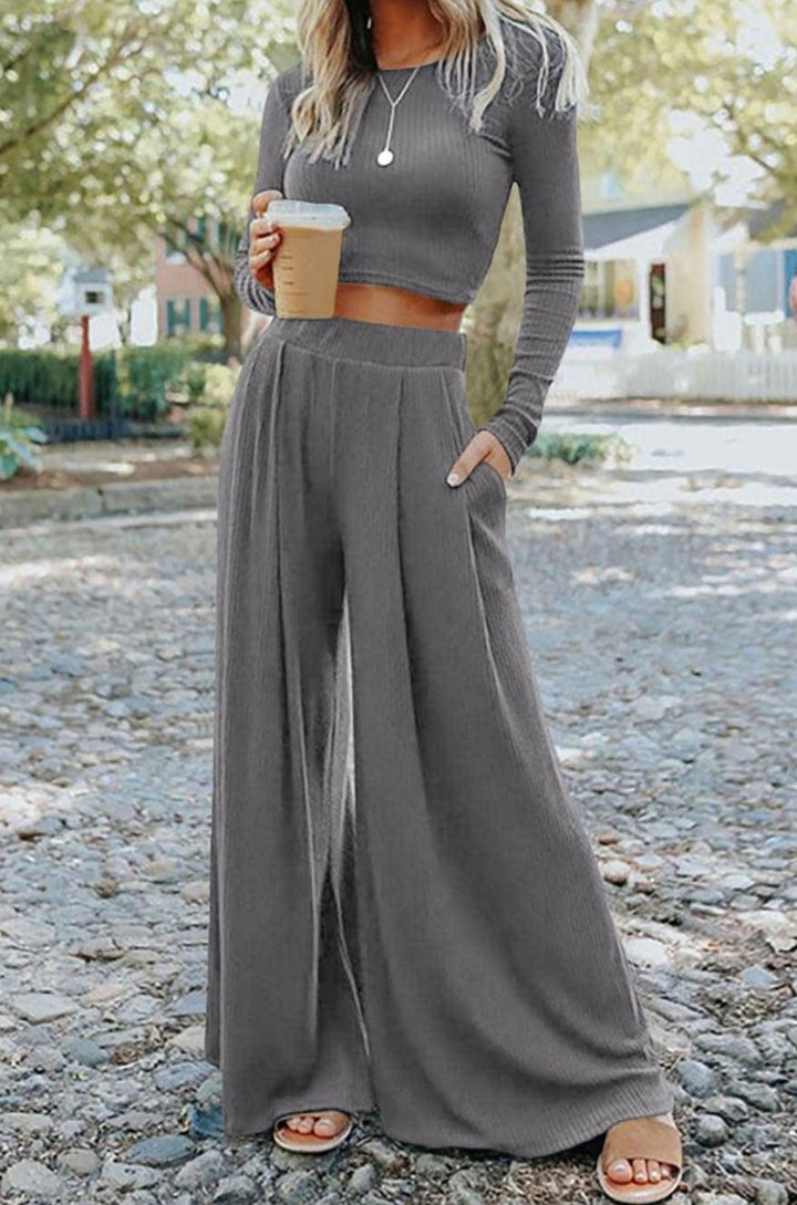 Bailee Solid Color Ribbed Crop Top Long Pants Set - Rebel Nomad