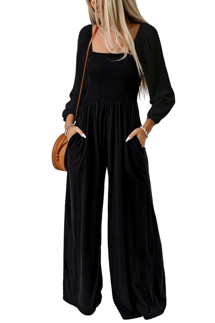 Barbara Smocked Square Neck Long Sleeve Wide Leg Jumpsuit - Rebel Nomad