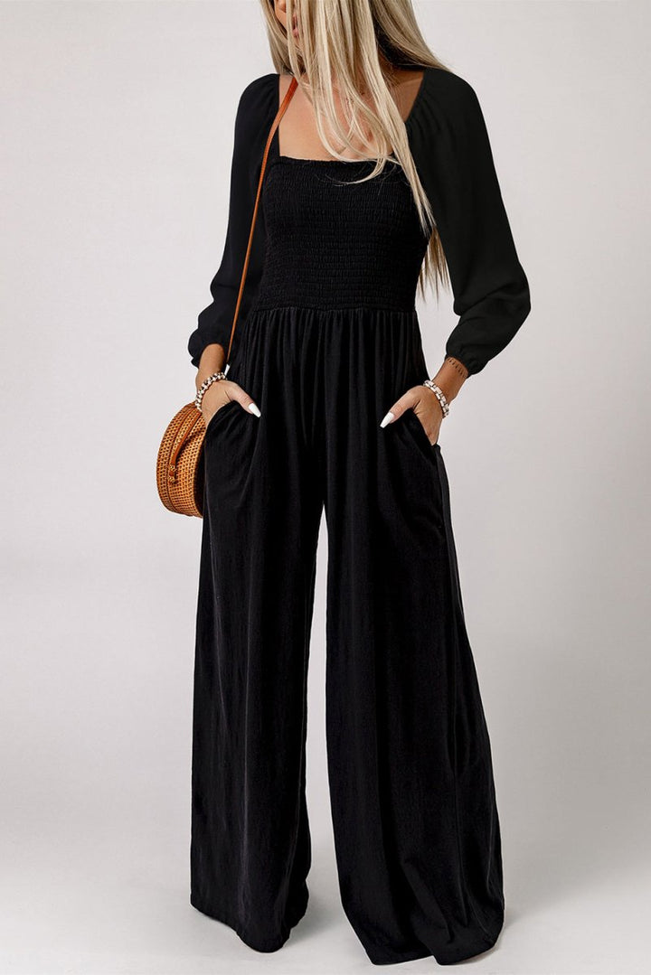 Barbara Smocked Square Neck Long Sleeve Wide Leg Jumpsuit - Rebel Nomad