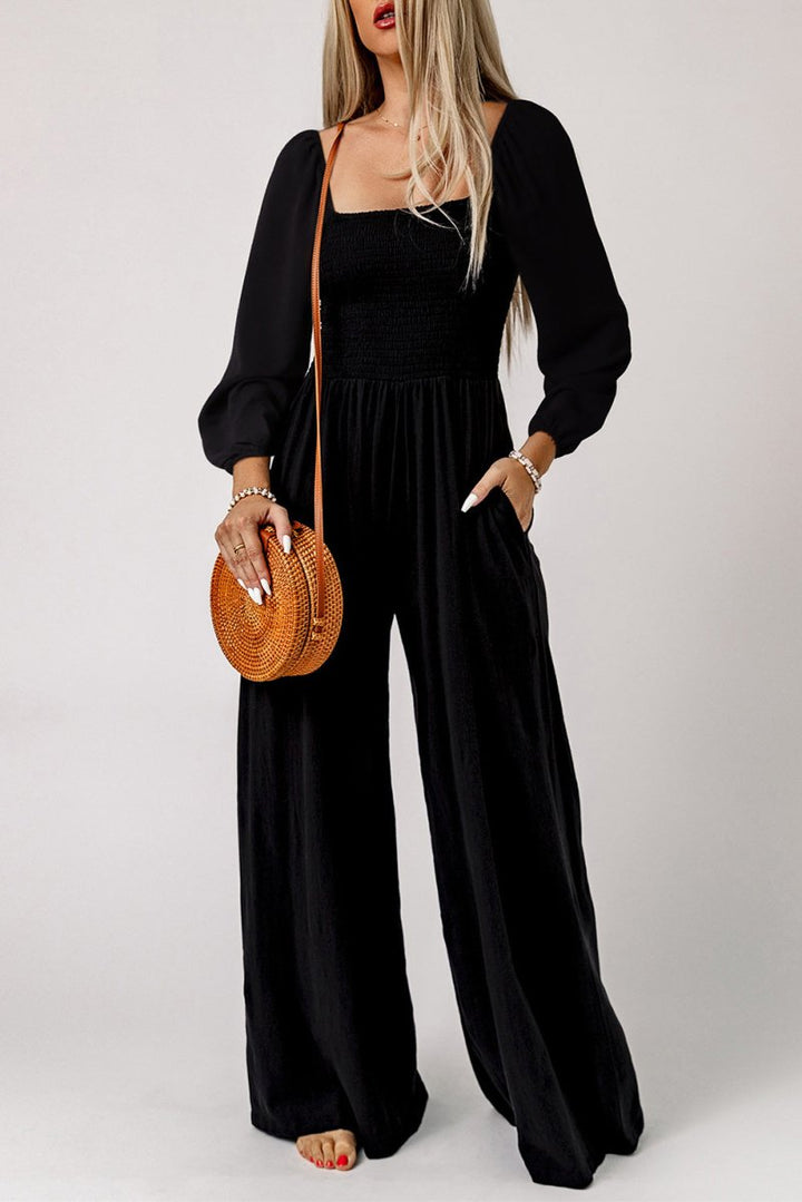 Barbara Smocked Square Neck Long Sleeve Wide Leg Jumpsuit - Rebel Nomad