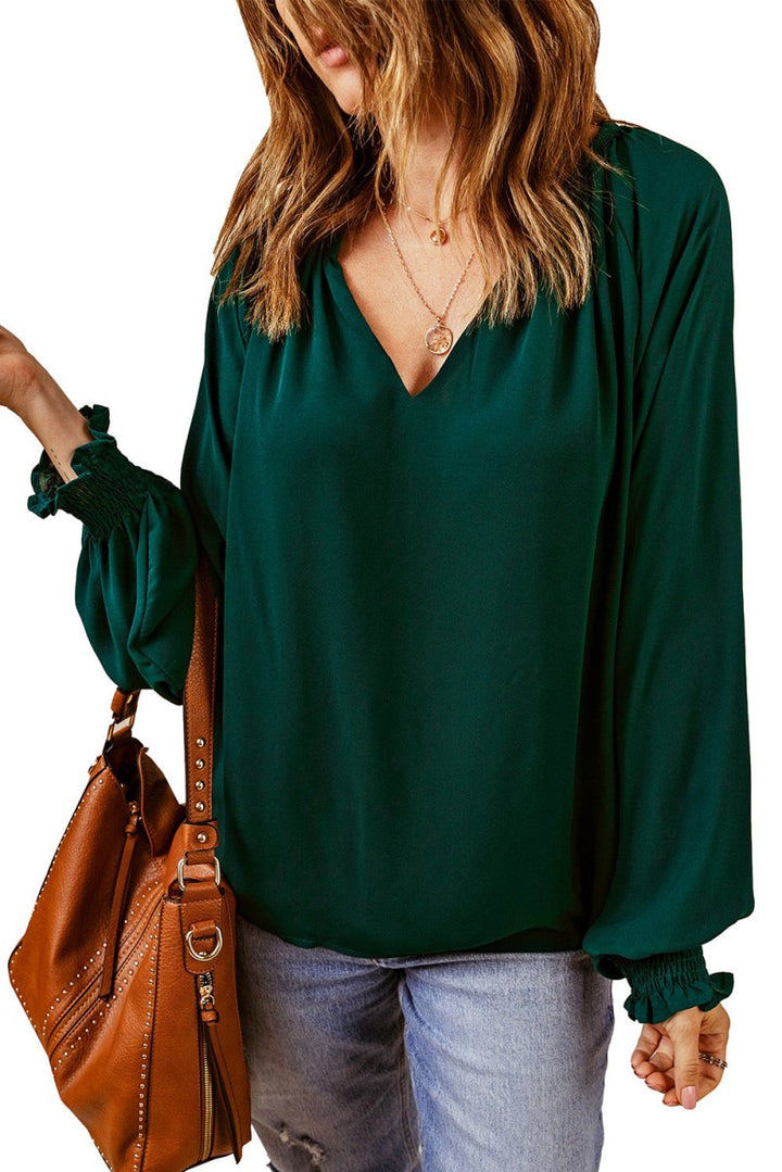 Belphoebe Pleated V-neck Puffy Sleeve Blouse - Rebel Nomad