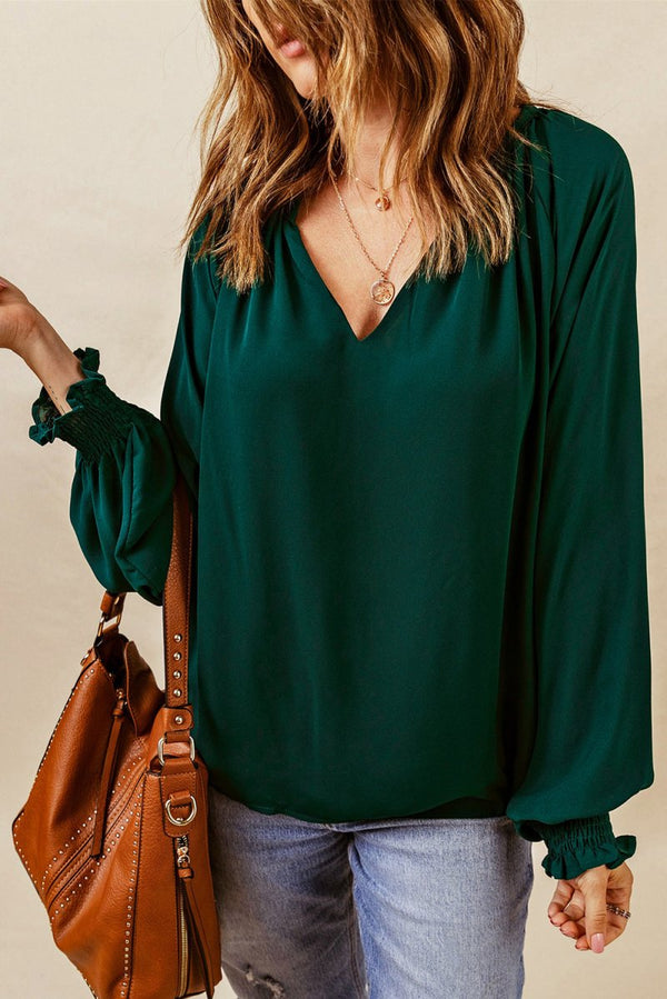 Belphoebe Pleated V-neck Puffy Sleeve Blouse - Rebel Nomad