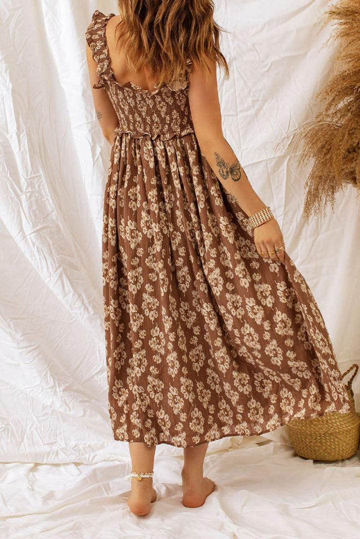 Bernadette Ruffled Straps Smocked Floral Maxi Dress - Rebel Nomad