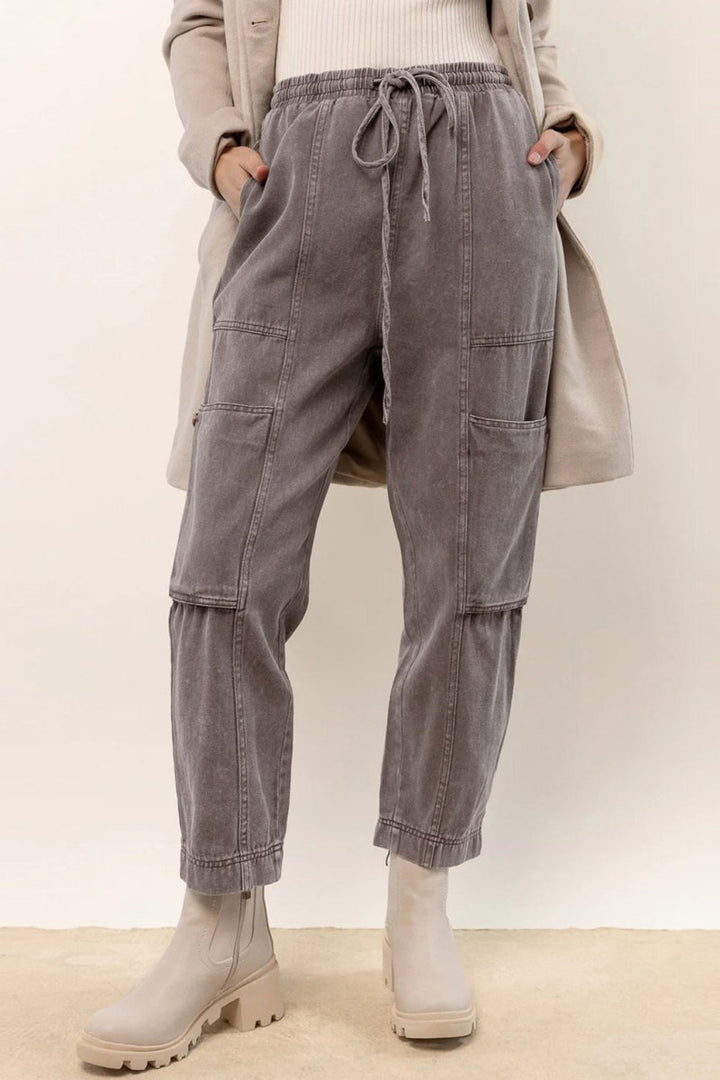 Bertha Acid Wash Multi Pocket Drawstring Waist Pants - Rebel Nomad