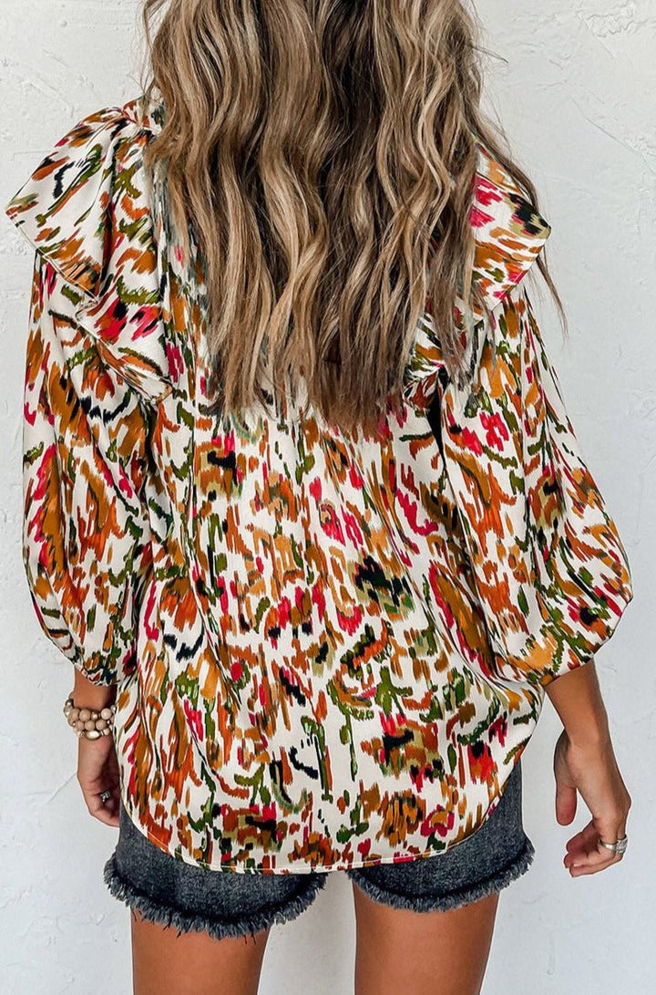 Beryl Abstract Print 3/4 Puff Sleeve Ruffle Blouse - Rebel Nomad