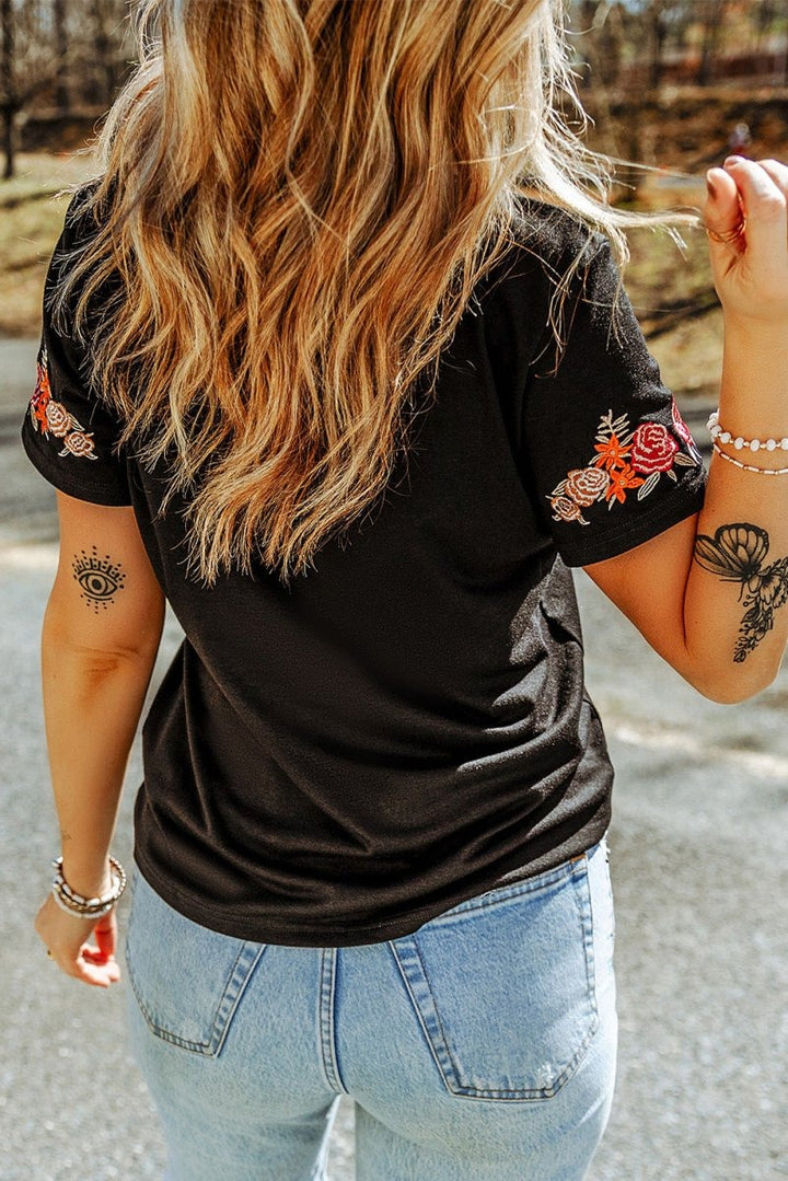 Betty Floral Embroidered Round Neck Short Sleeve T-shirt - Rebel Nomad