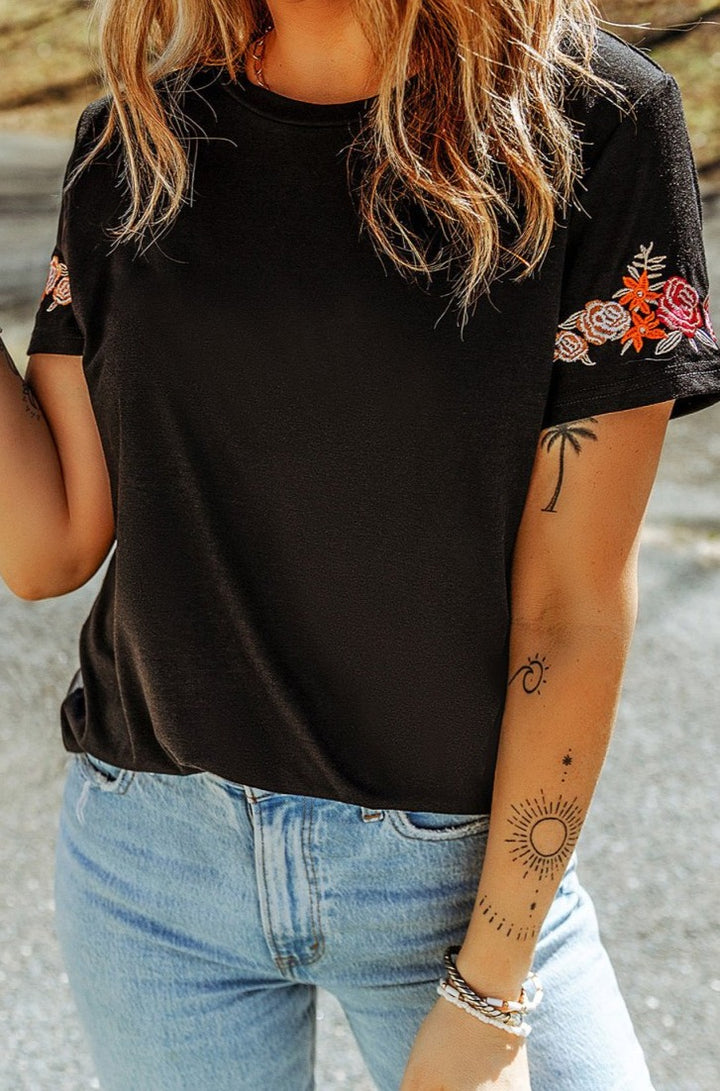 Betty Floral Embroidered Round Neck Short Sleeve T-shirt - Rebel Nomad