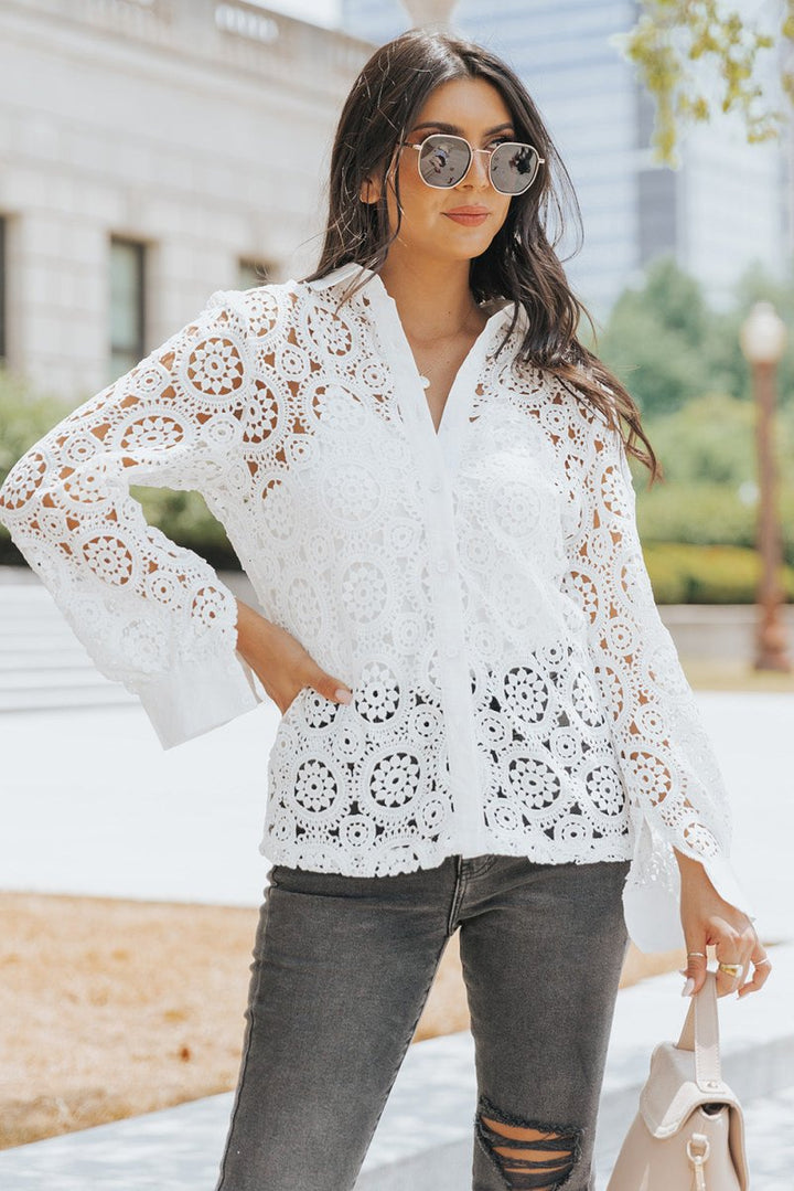 Billie Crochet Lace Hollow-out Turn-down Collar Shirt - Rebel Nomad