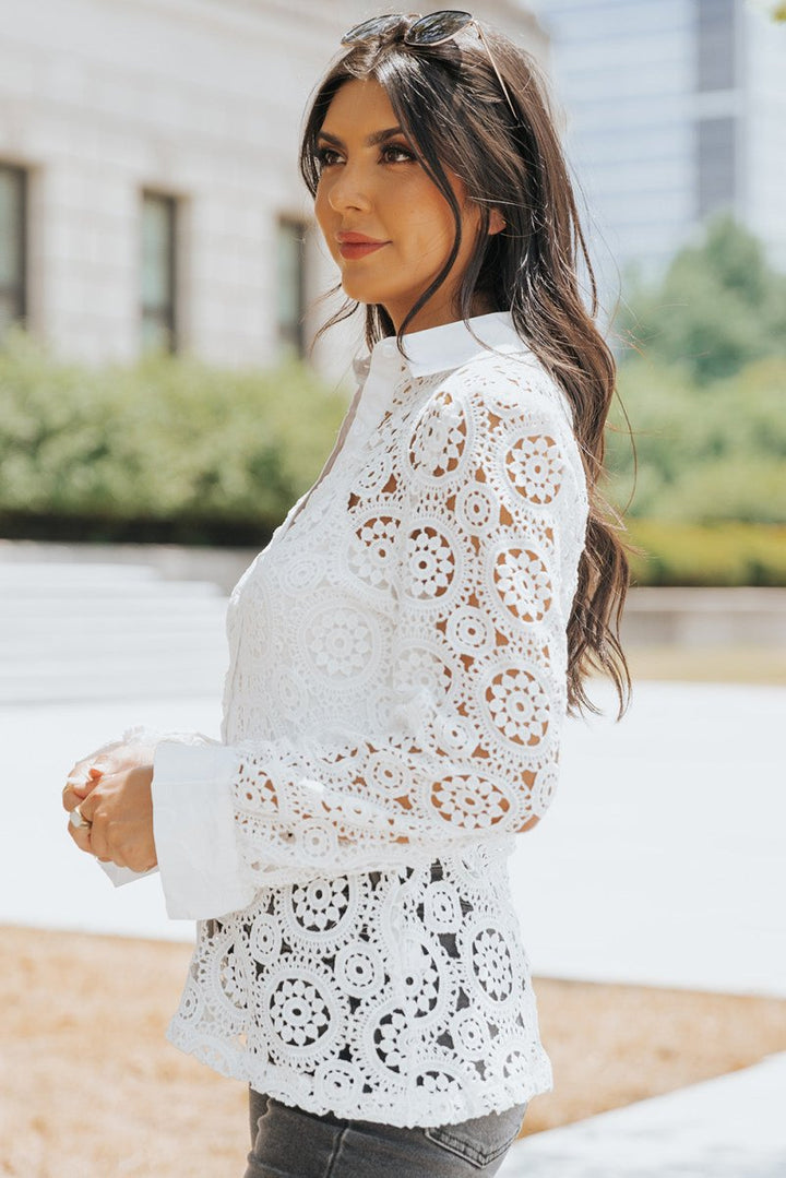 Billie Crochet Lace Hollow-out Turn-down Collar Shirt - Rebel Nomad