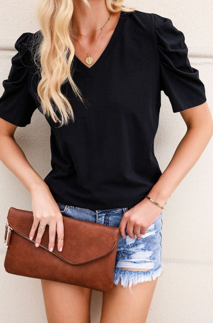 Black Puff Sleeve V-Neck T-Shirt - Rebel Nomad