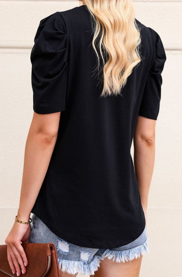 Black Puff Sleeve V-Neck T-Shirt - Rebel Nomad