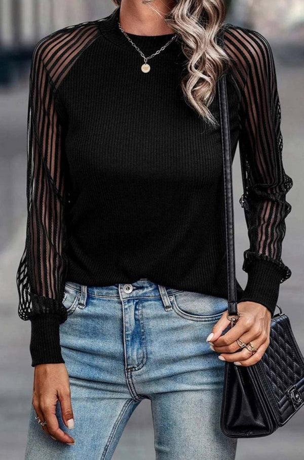 Black Striped Mesh Long Sleeve Crewneck Ribbed Top - Rebel Nomad