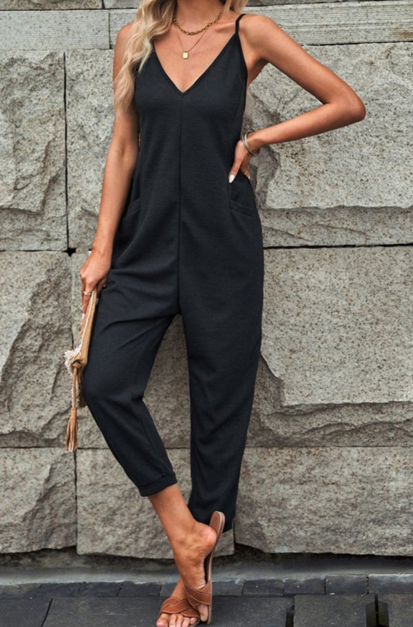 Black Textured Sleeveless V-Neck Pocketed Casual Jumpsuit - Rebel Nomad