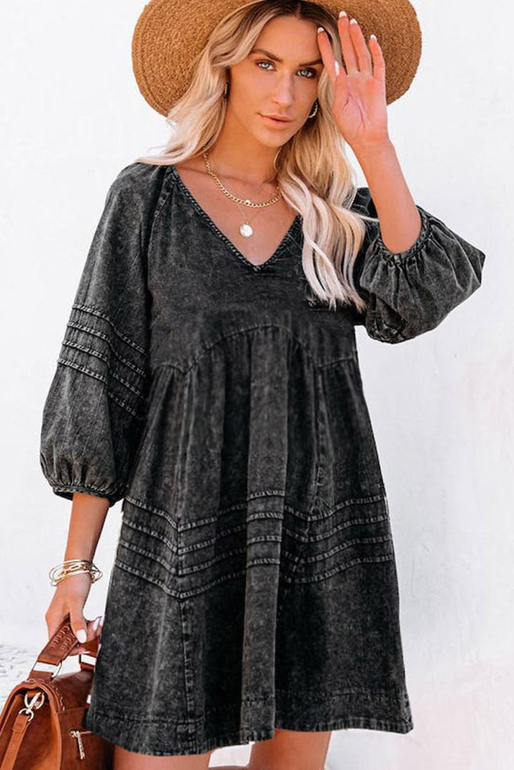 Blaire Pleated V Neck Puff Sleeve Denim Babydoll Dress - Rebel Nomad