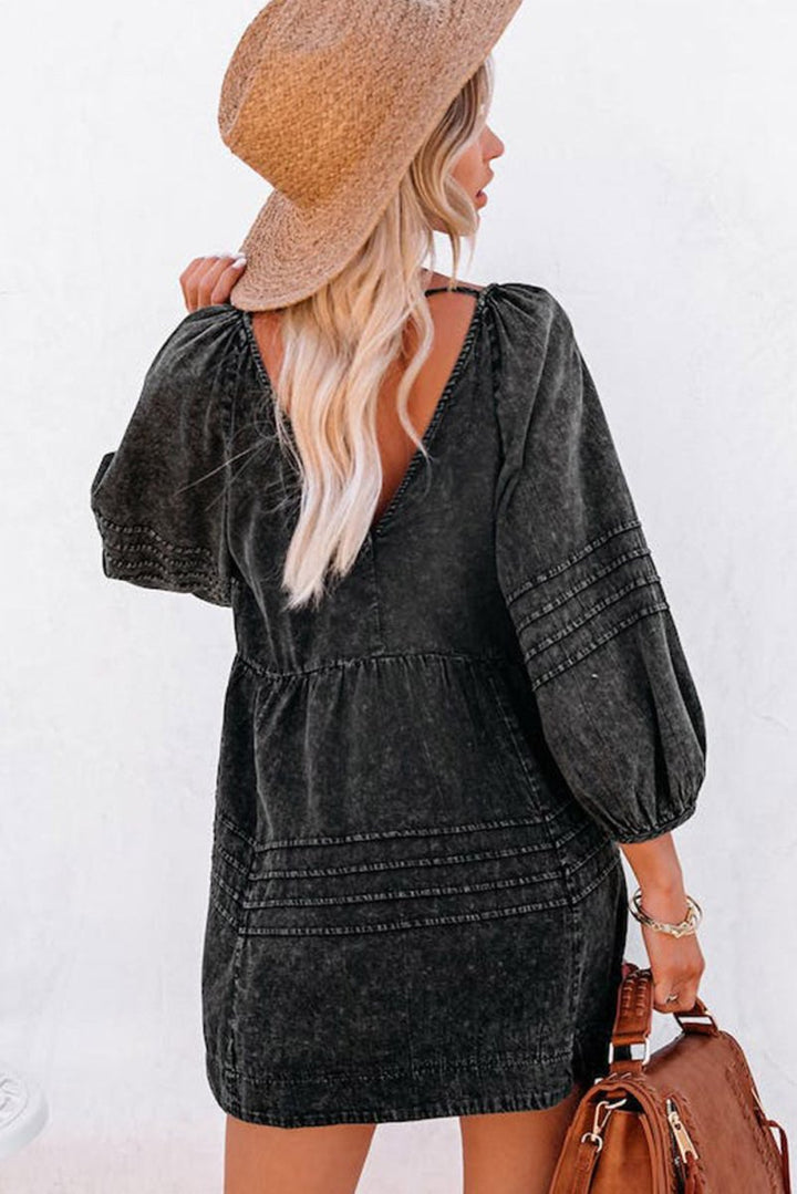 Blaire Pleated V Neck Puff Sleeve Denim Babydoll Dress - Rebel Nomad