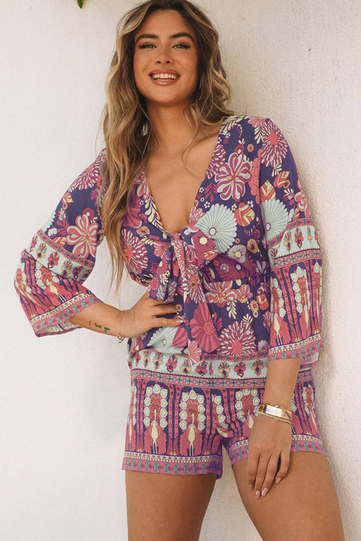 Brigid Vintage Printed 3/4 Sleeves V Neck Romper - Rebel Nomad