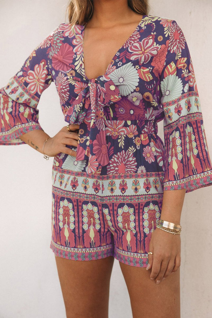 Brigid Vintage Printed 3/4 Sleeves V Neck Romper - Rebel Nomad