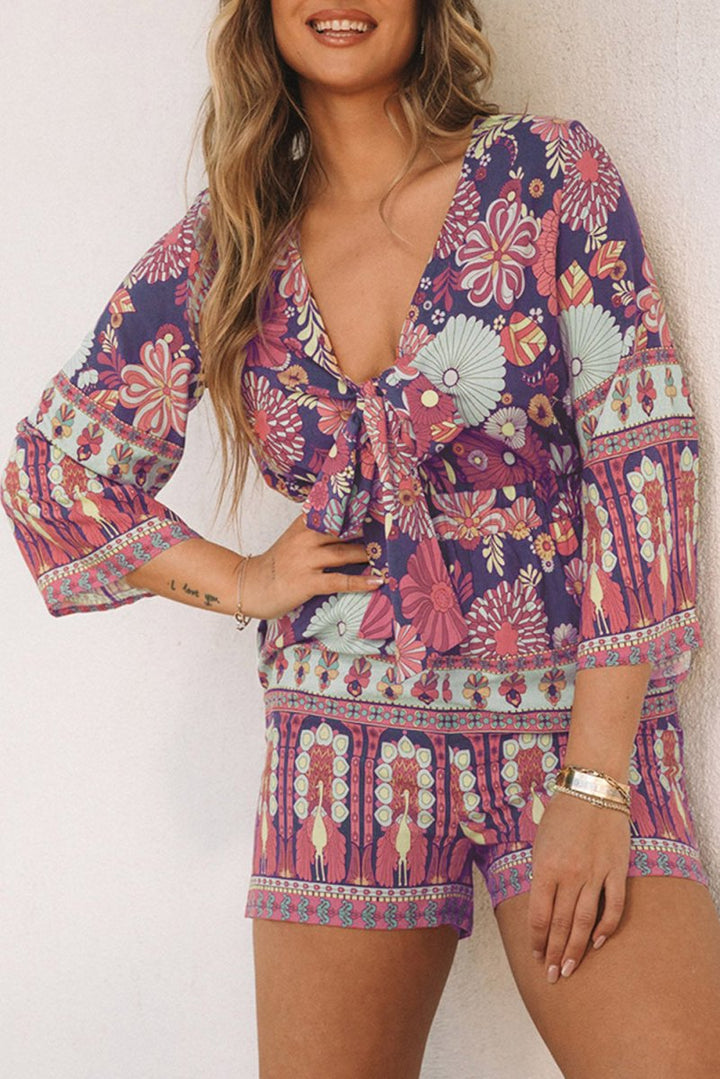 Brigid Vintage Printed 3/4 Sleeves V Neck Romper - Rebel Nomad