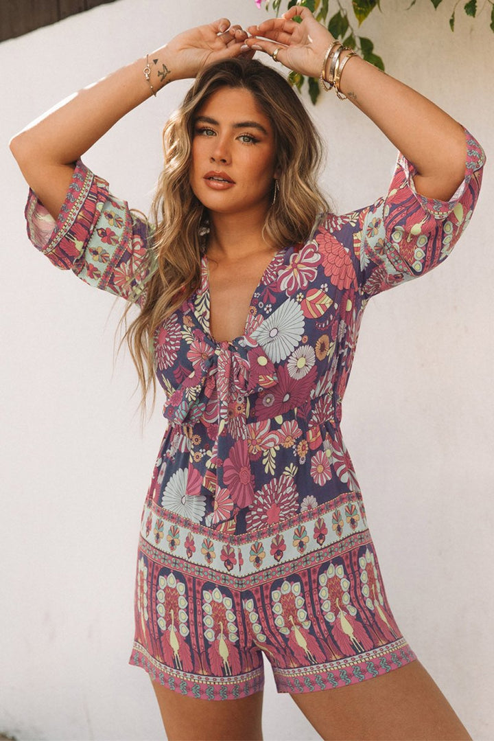 Brigid Vintage Printed 3/4 Sleeves V Neck Romper - Rebel Nomad