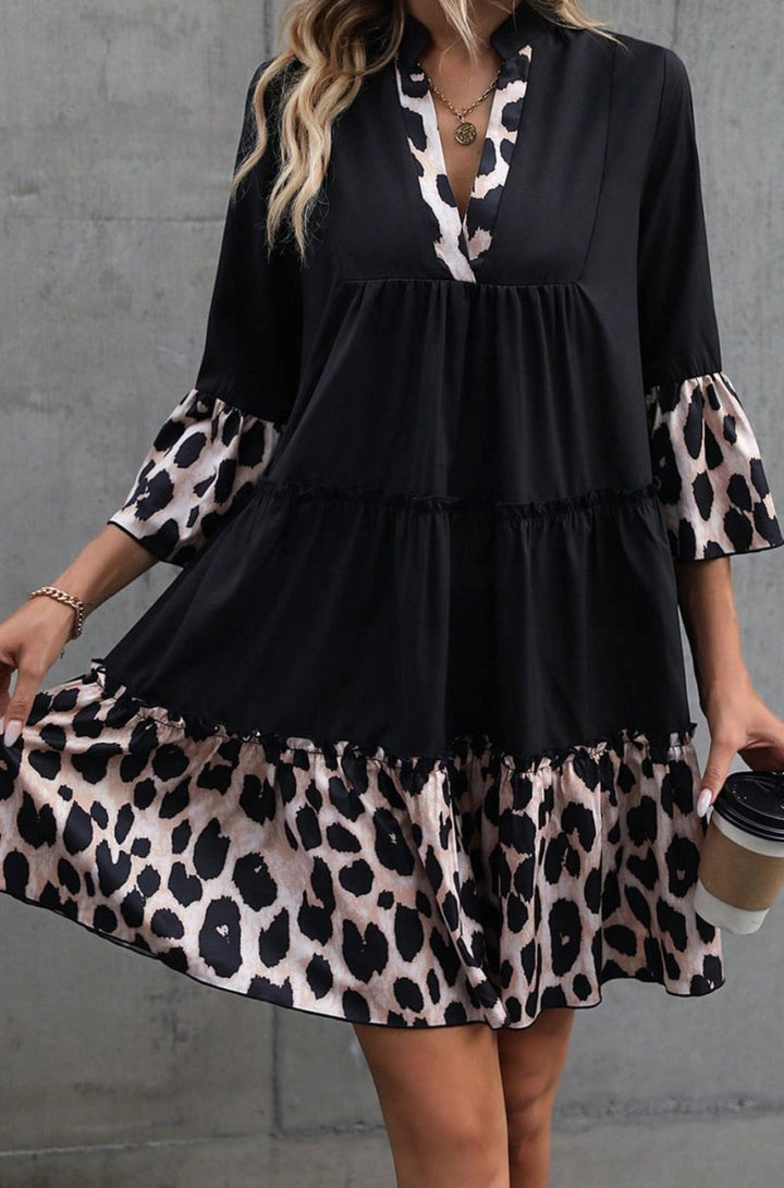 Brinley Leopard Trim V Neck Ruffled Sleeve Flared Dress - Rebel Nomad