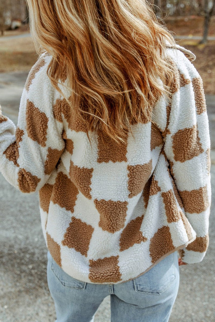 Brown Checked Snap Button Sherpa Jacket - Rebel Nomad