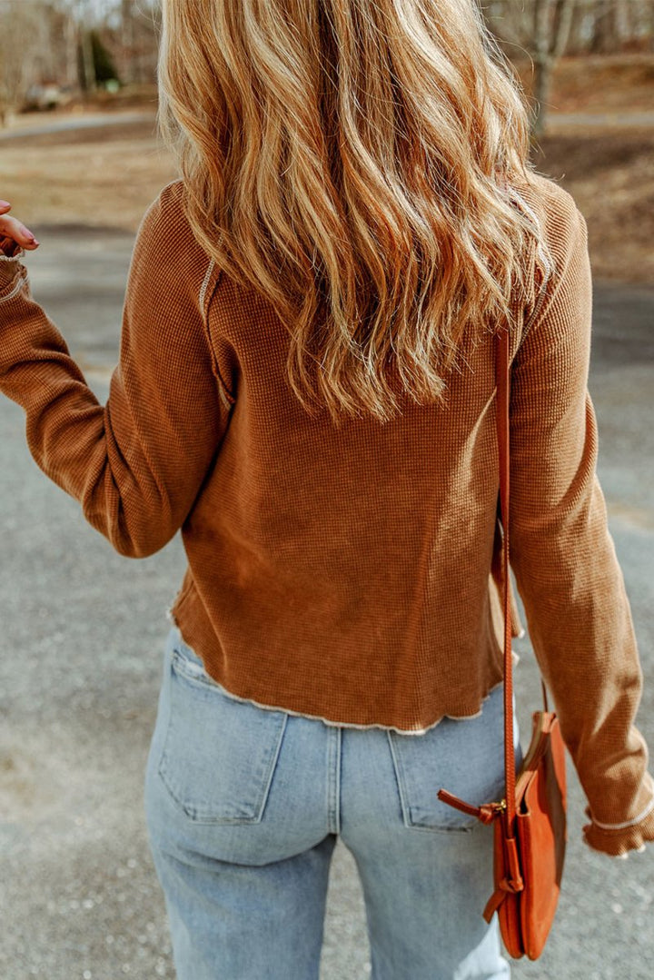 Brown Textured Round Neck Long Sleeve Top - Rebel Nomad