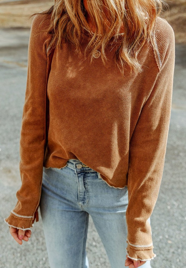 Brown Textured Round Neck Long Sleeve Top - Rebel Nomad