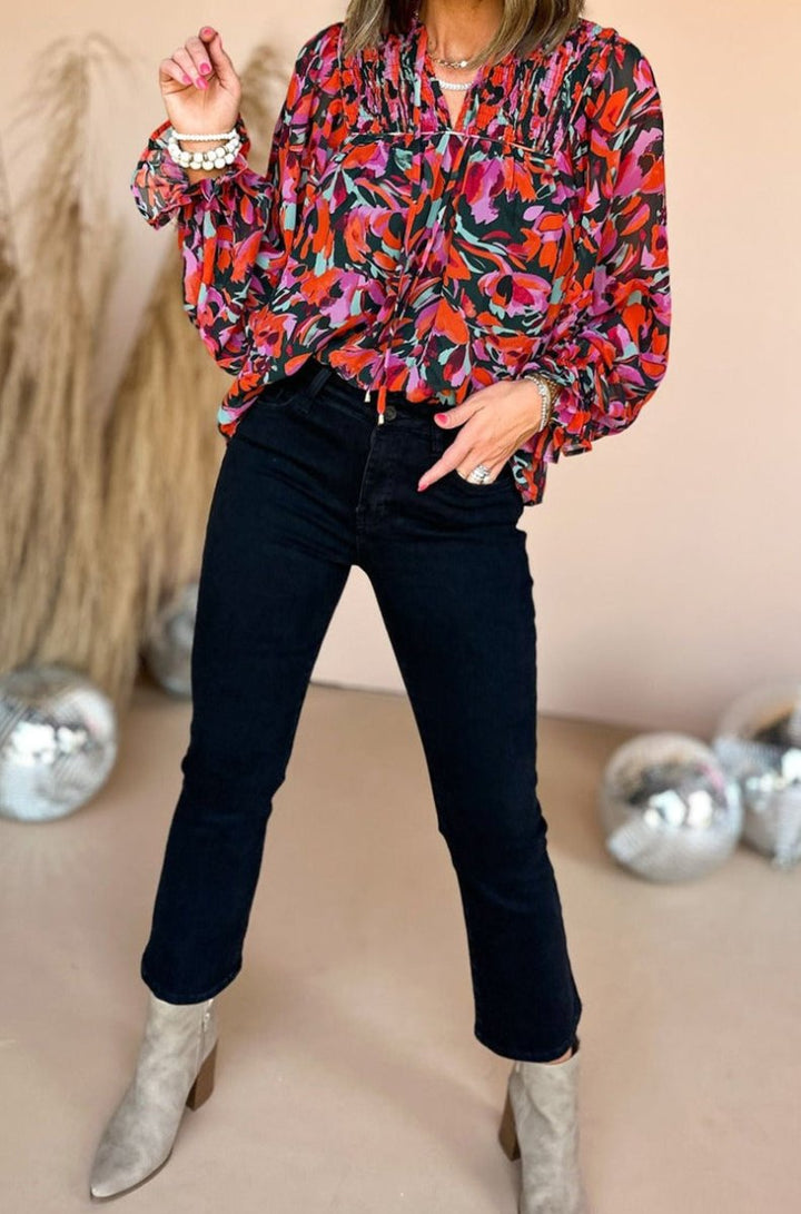 Brylith Abstract Floral Shirred Detail Puff Sleeve Blouse - Rebel Nomad