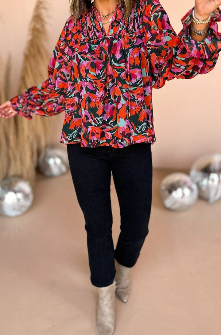 Brylith Abstract Floral Shirred Detail Puff Sleeve Blouse - Rebel Nomad