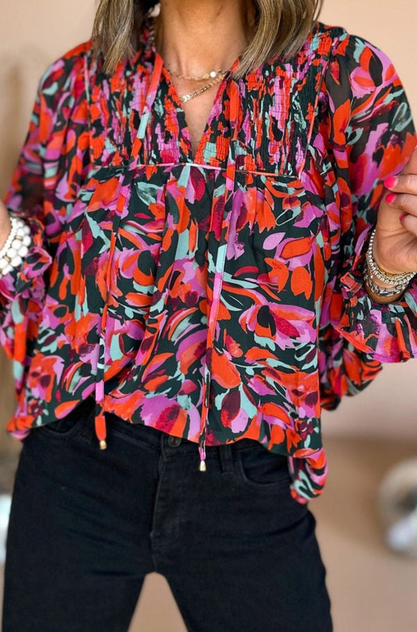 Brylith Abstract Floral Shirred Detail Puff Sleeve Blouse - Rebel Nomad