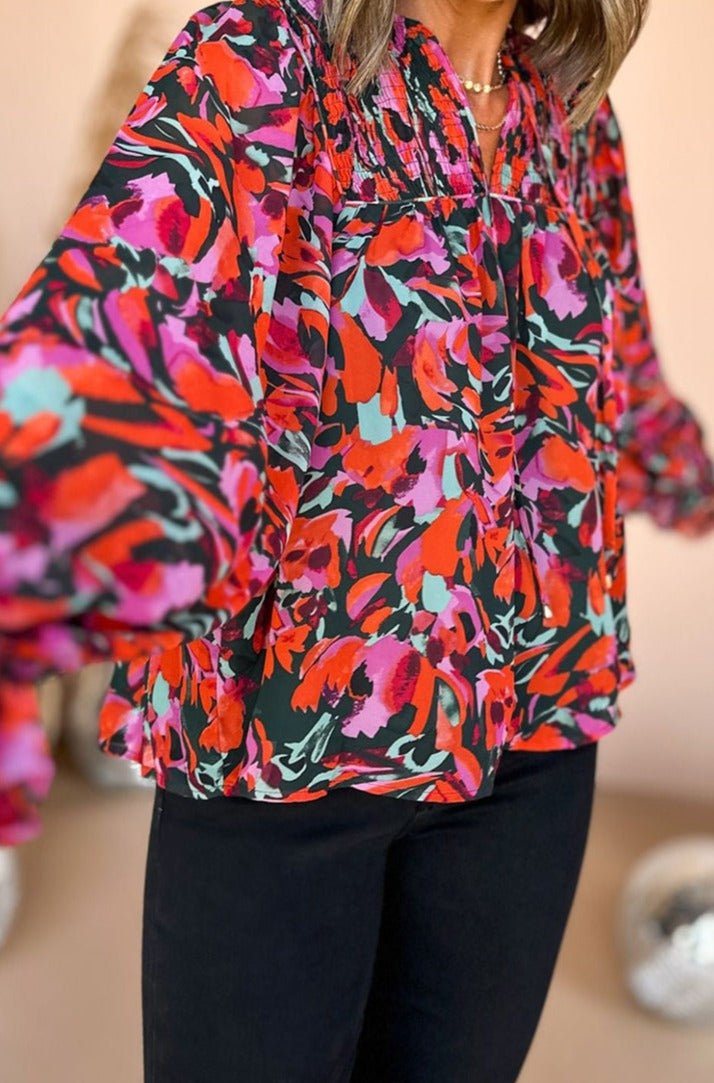 Brylith Abstract Floral Shirred Detail Puff Sleeve Blouse - Rebel Nomad