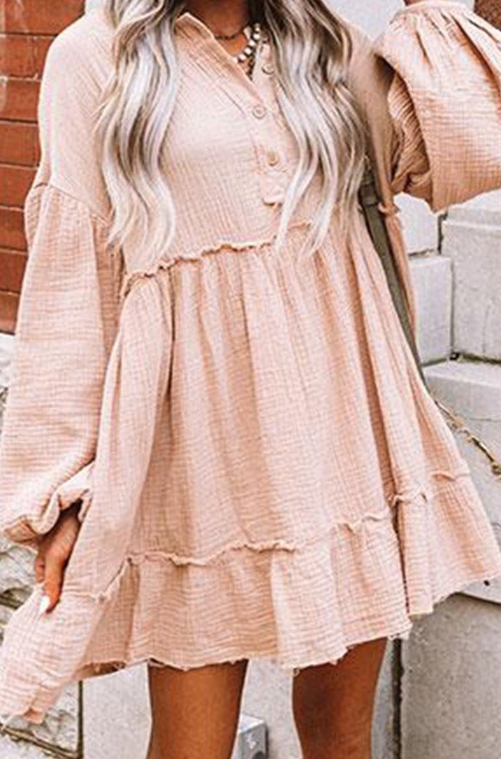 Caelumia Crinkle Distressed Puff Sleeve Flared Shift Dress - Rebel Nomad