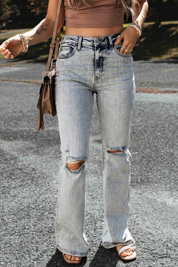 Caelys Distressed Light Washed Slit Knee Flared Jeans - Rebel Nomad