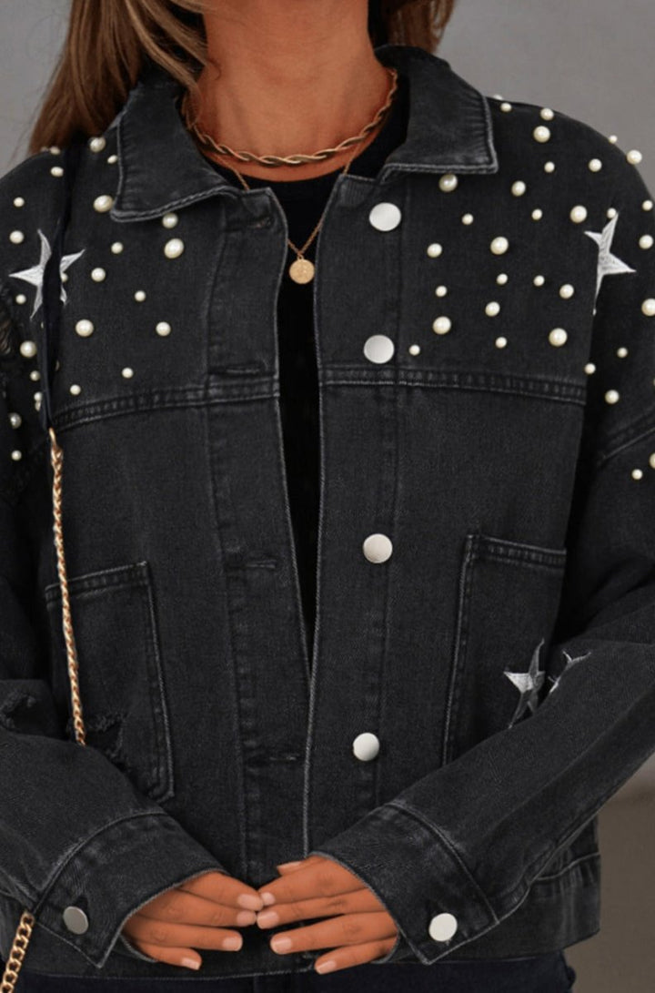 Caerwyn Distressed Pearls Star Cropped Denim Jacket - Rebel Nomad