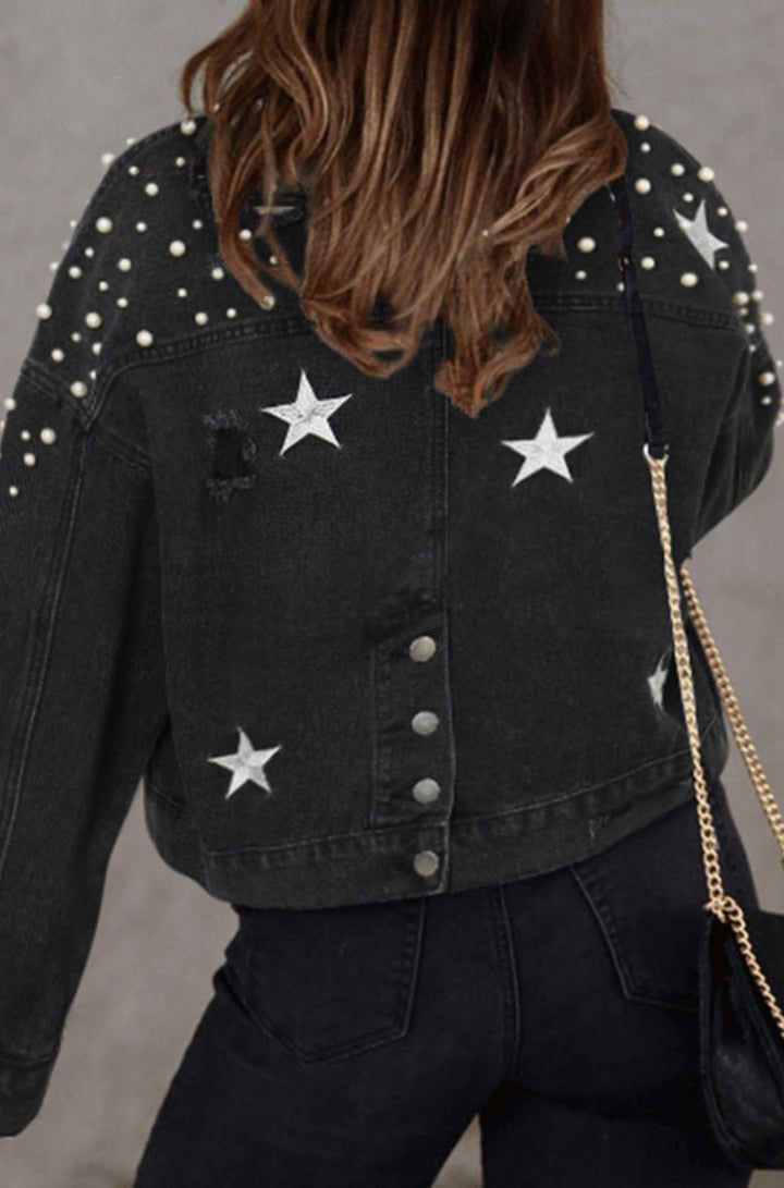 Caerwyn Distressed Pearls Star Cropped Denim Jacket - Rebel Nomad