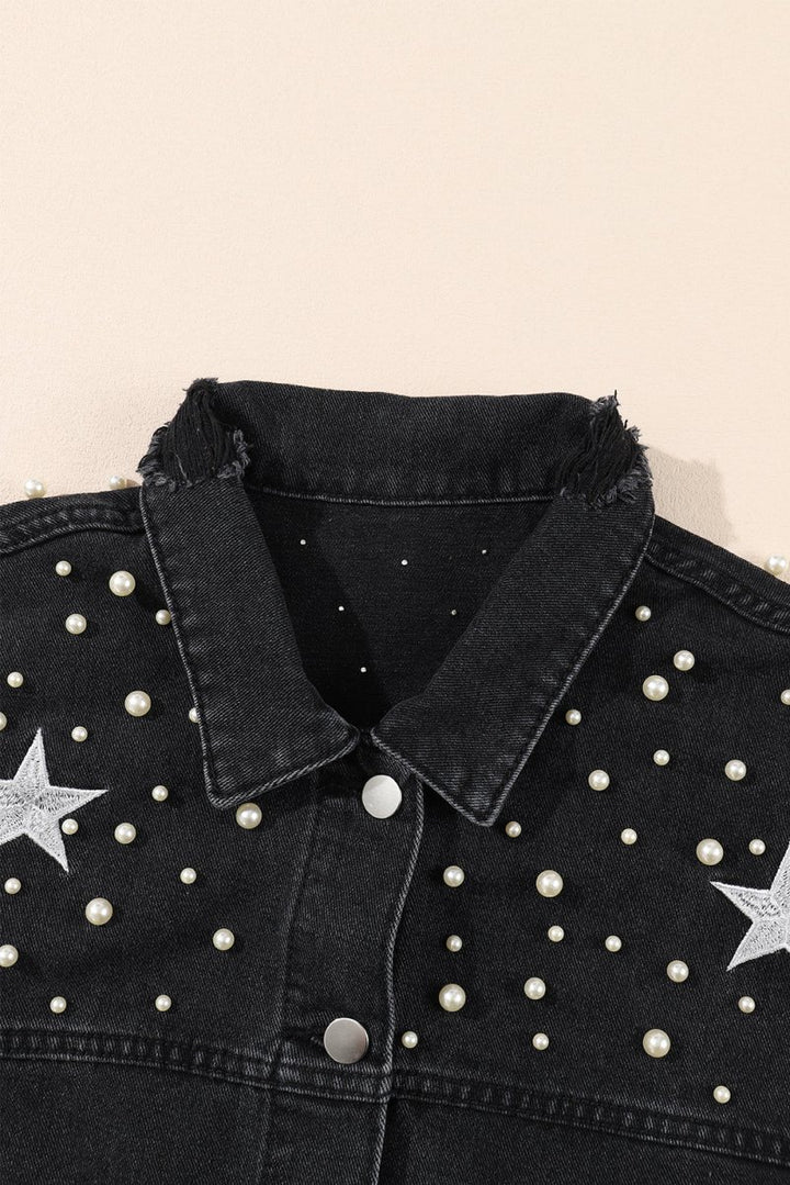 Caerwyn Distressed Pearls Star Cropped Denim Jacket - Rebel Nomad