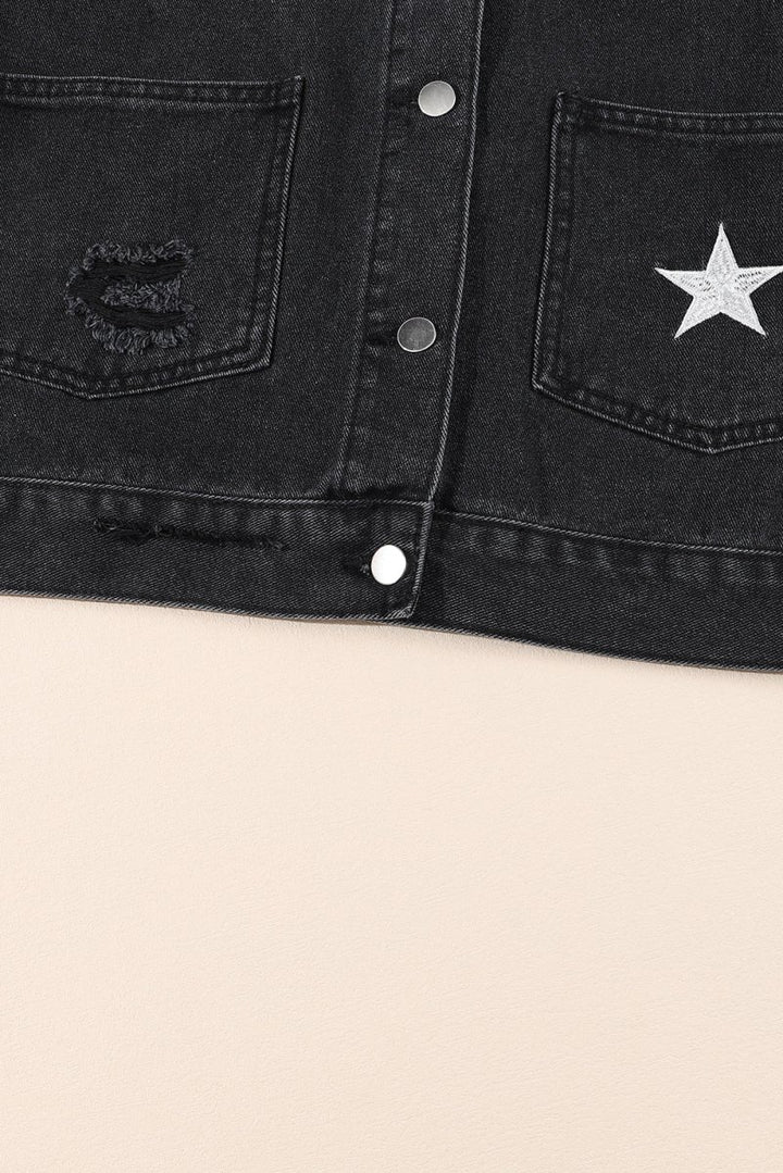 Caerwyn Distressed Pearls Star Cropped Denim Jacket - Rebel Nomad