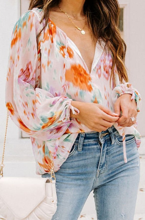 Camelia Abstract Print Split Neck Puff Sleeve Blouse - Rebel Nomad