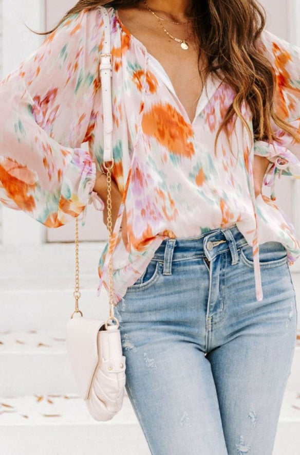 Camelia Abstract Print Split Neck Puff Sleeve Blouse - Rebel Nomad