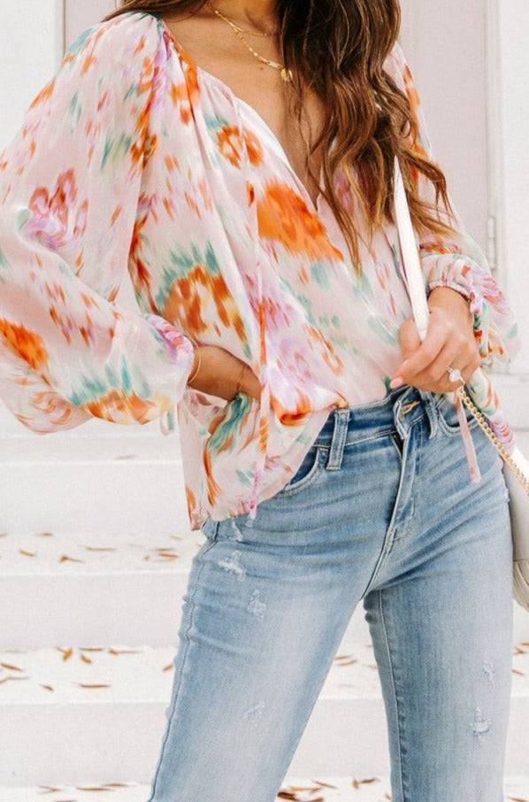 Camelia Abstract Print Split Neck Puff Sleeve Blouse - Rebel Nomad