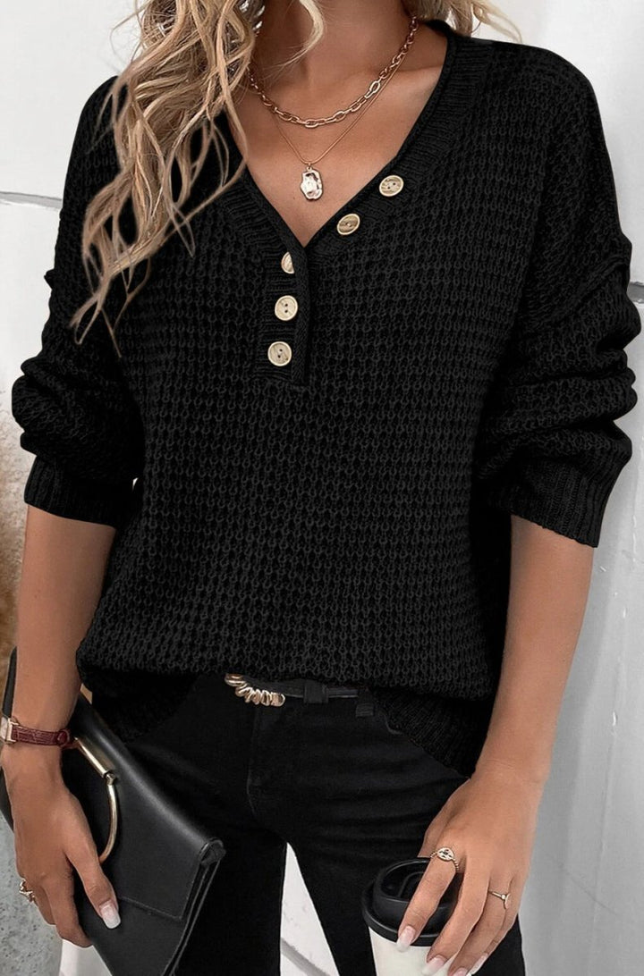 Cariana Pointelle Knit Button V Neck Drop Shoulder Sweater - Rebel Nomad