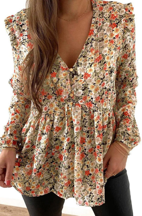 Carolin V Neck Ruffled Babydoll Floral Blouse - Rebel Nomad