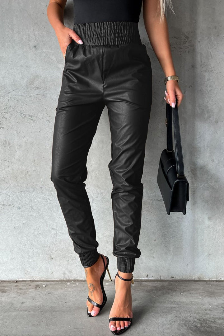 Caroline Smocked High-Waist Faux Leather Skinny Pants - Rebel Nomad