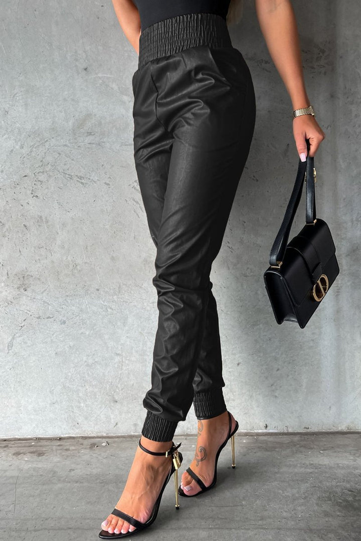 Caroline Smocked High-Waist Faux Leather Skinny Pants - Rebel Nomad