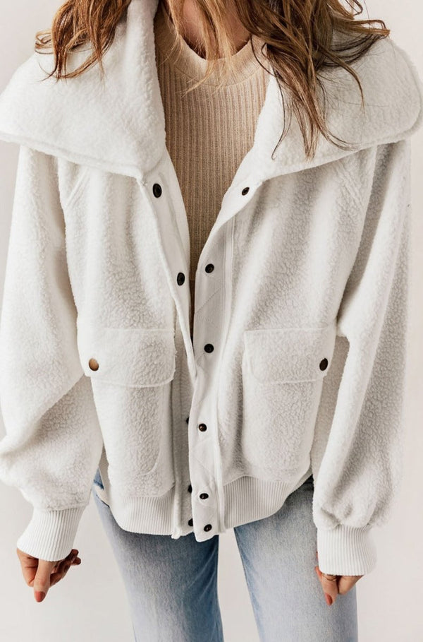Carolyne Button Flap Pocket Spread Collar Fleece Jacket - Rebel Nomad