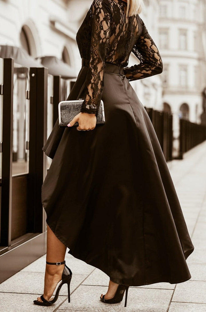 Cary Long Sleeve Lace High Low Satin Prom Dress - Rebel Nomad