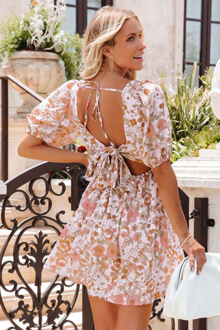 Catarina Floral Print Bow Knot Backless Square Neck Mini Dress - Rebel Nomad