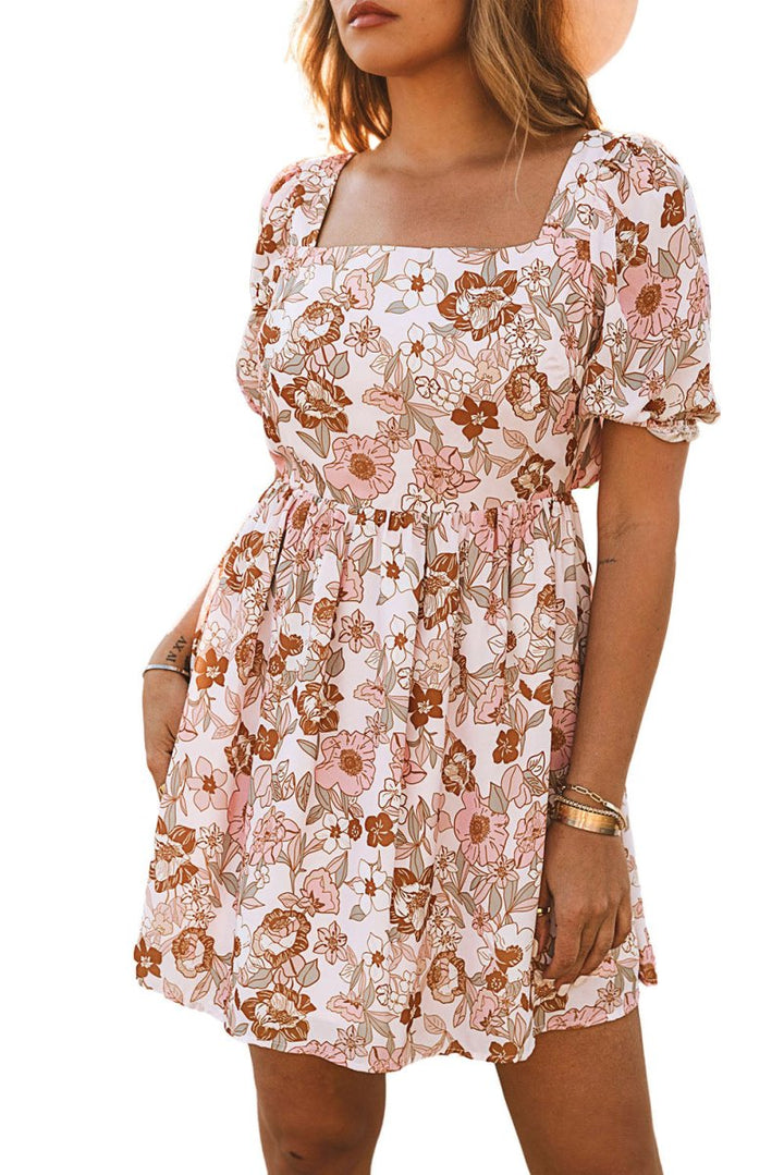 Catarina Floral Print Bow Knot Backless Square Neck Mini Dress - Rebel Nomad