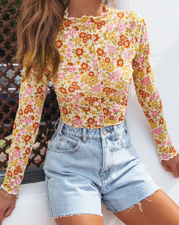 Celestiana Floral Lettuce Hem Long Sleeve Top - Rebel Nomad